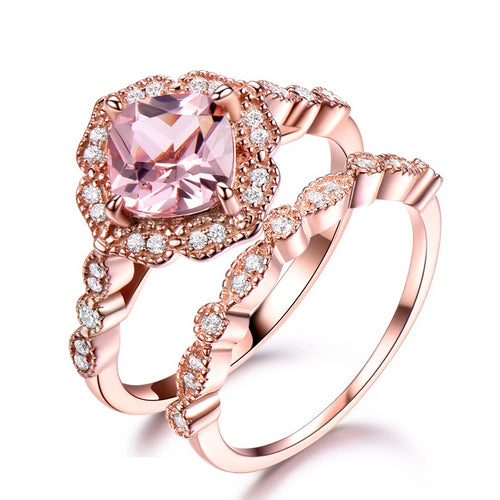 Russian Morganite and Rose Gold 925 Sterling Silver Ring Set